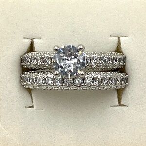 NEW Sterling Silver White Sapphire & Diamond Wedding Ring Set Size 6